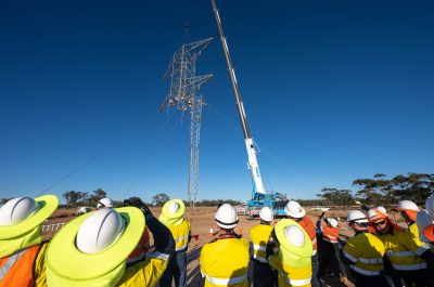 A guyed tower rises on EnergyConnect A guyed tower rises on EnergyConnect