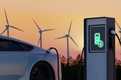 Environmentally friendly electric car charging on background of wind turbines. Evening sunset view of EV station with port plugged in car. Realistic 3d Rendering of Alternative Energy concept. Environmentally friendly electric car charging on background of wind turbines. Evening sunset view of EV station with port plugged in car. Realistic 3d Rendering of Alternative Energy concept.