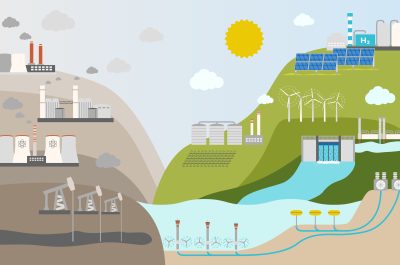 Ecological concept of energy consumption by source. Nonrenewable energy like oil, gas, coal, nuclear. Renewable energy sources like hydropower, solar, wind, geothermal. Flat vector illustration Ecological concept of energy consumption by source. Nonrenewable energy like oil, gas, coal, nuclear. Renewable energy sources like hydropower, solar, wind, geothermal. Flat vector illustration