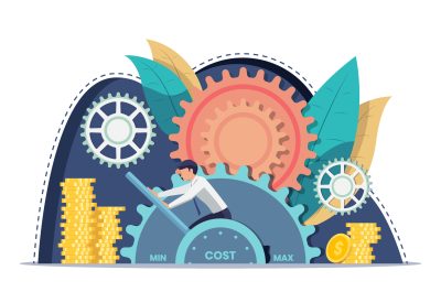 Businessman setting cost lever on minimum position Businessman setting cost lever on minimum position