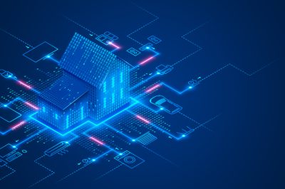 Smart home technology conceptual banner. Building consists digits and connected with icons of domestic smart devices. illustration concept of System intelligent control house on blue background. IOT. Smart home technology conceptual banner. Building consists digits and connected with icons of domestic smart devices. illustration concept of System intelligent control house on blue background. IOT.