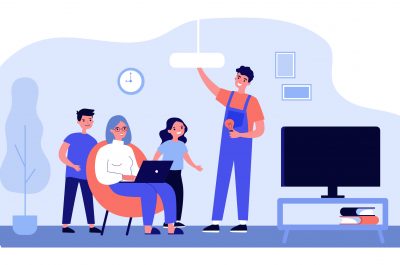 Technical worker changing lightbulb in chandelier Technical worker changing lightbulb in chandelier