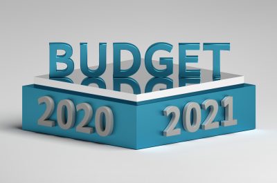 Word Budget standing on a podium pedestal with 2020 and 2021 year numbers Word Budget standing on a podium pedestal with 2020 and 2021 year numbers