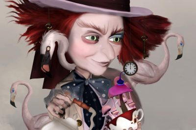 Mad hatter with a pink flamingo