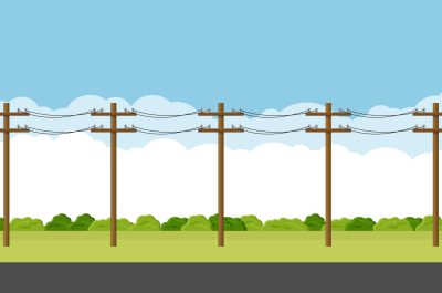 Overhead electric power lines with cables suspended on utility poles. Empty countryside road. Utility pole Electricity concept. High voltage wires. Landscape vector illustration Overhead electric power lines with cables suspended on utility poles. Empty countryside road. Utility pole Electricity concept. High voltage wires. Landscape vector illustration