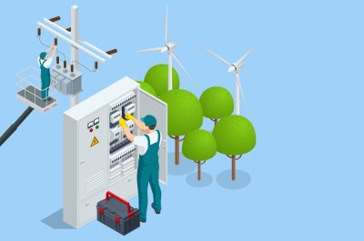 Isometric Electricity energy maintenance. Technician repair service of the powerline. Maintenance of voltage transformer, repair of power lines on crane in cradle Isometric Electricity energy maintenance. Technician repair service of the powerline. Maintenance of voltage transformer, repair of power lines on crane in cradle