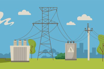 Electric power distribution chart. Electricity supply scheme from power plant to house, power supply line poles, cables and transformers cartoon vector illustration Electric power distribution chart. Electricity supply scheme from power plant to house, power supply line poles, cables and transformers cartoon vector illustration