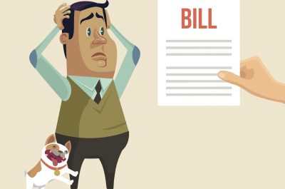 Shocked man character received bill. Vector flat cartoon illustration